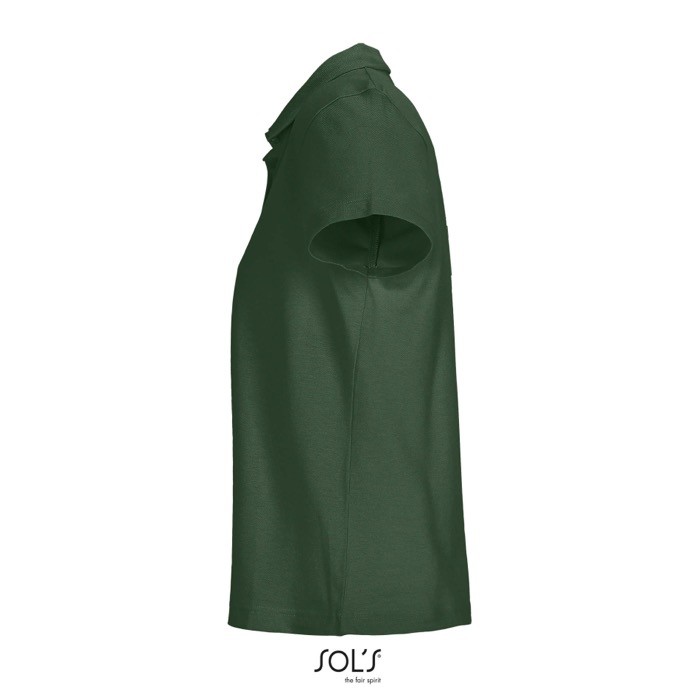 Polo para mujer de 100% algodón peinado y cuello canalé con 3 botones color verde oscuro vista lateral Polo para mujer de 100% algodón peinado y cuello canalé con 3 botones color verde oscuro vista lateral