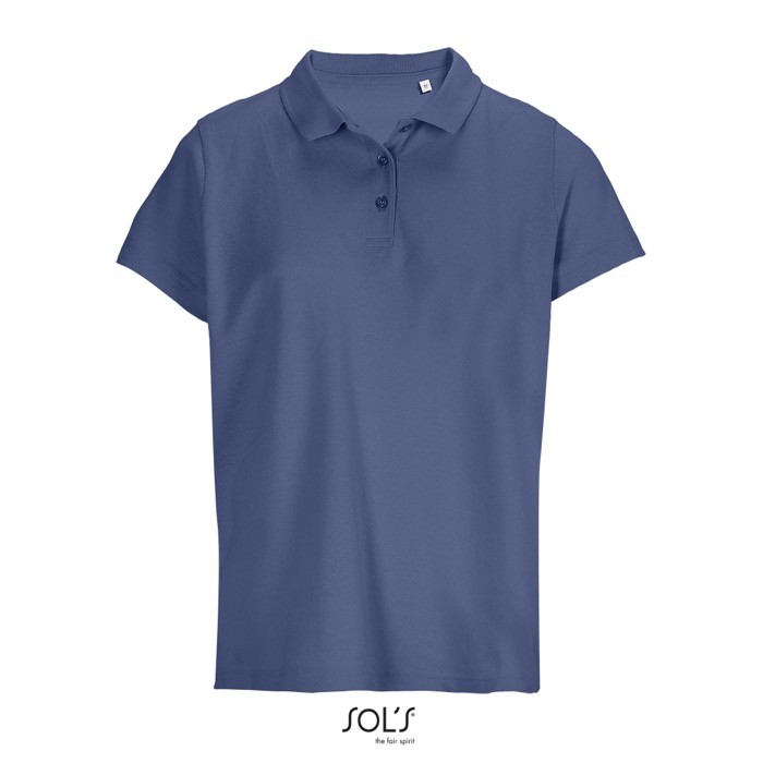 Polo para mujer de 100% algodón peinado y cuello canalé con 3 botones color azul vaquero Polo para mujer de 100% algodón peinado y cuello canalé con 3 botones color azul vaquero