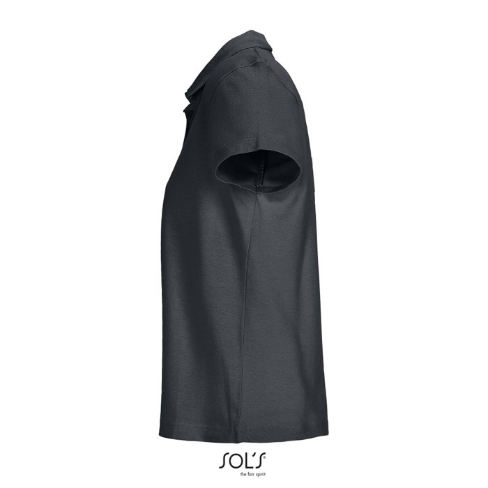 Polo para mujer de 100% algodón peinado y cuello canalé con 3 botones color gris oscuro vista lateral Polo para mujer de 100% algodón peinado y cuello canalé con 3 botones color gris oscuro vista lateral