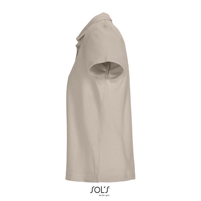 Polo para mujer de 100% algodón peinado y cuello canalé con 3 botones color beige vista lateral Polo para mujer de 100% algodón peinado y cuello canalé con 3 botones color beige vista lateral