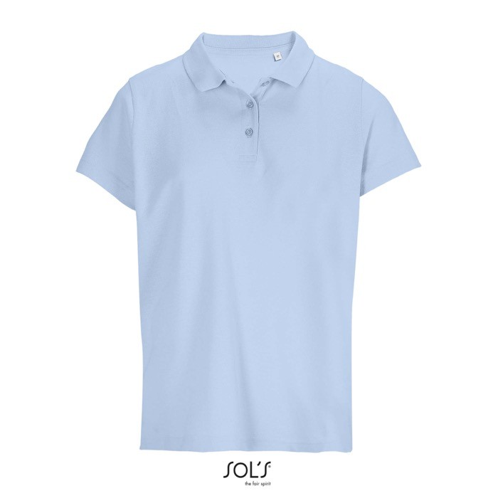Polo para mujer de 100% algodón peinado y cuello canalé con 3 botones color azul pastel Polo para mujer de 100% algodón peinado y cuello canalé con 3 botones color azul pastel