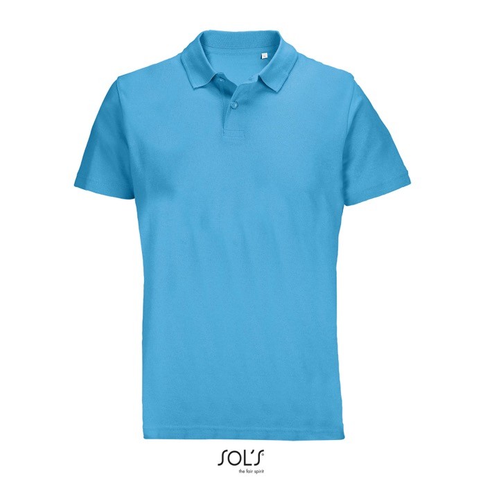Polo unisex de 100% algodón peinado y cuello canalé con 2 botones color azul cian Polo unisex de 100% algodón peinado y cuello canalé con 2 botones color azul cian