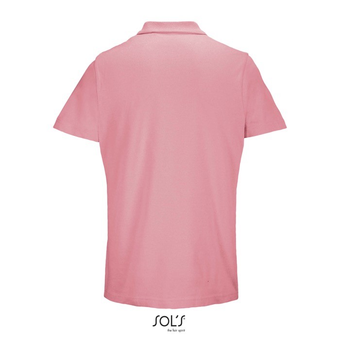Polo unisex de 100% algodón peinado y cuello canalé con 2 botones color rosa claro vista trasera Polo unisex de 100% algodón peinado y cuello canalé con 2 botones color rosa claro vista trasera