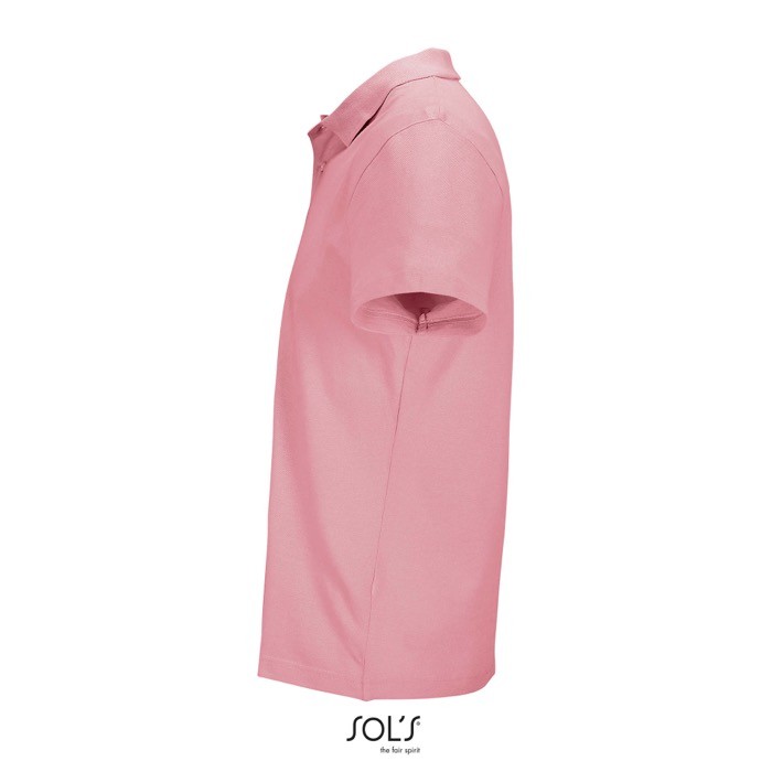 Polo unisex de 100% algodón peinado y cuello canalé con 2 botones color rosa claro vista lateral Polo unisex de 100% algodón peinado y cuello canalé con 2 botones color rosa claro vista lateral