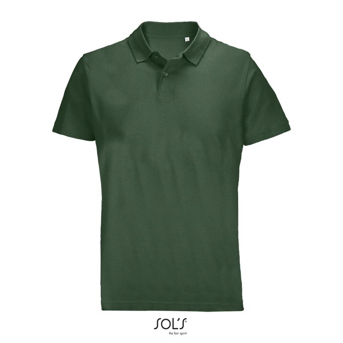 Polo unisex de 100% algodón peinado y cuello canalé con 2 botones color verde oscuro vista bodegón Polo unisex de 100% algodón peinado y cuello canalé con 2 botones color verde oscuro vista bodegón