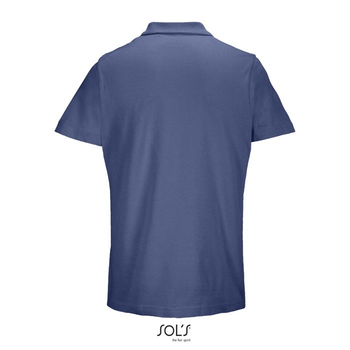 Polo unisex de 100% algodón peinado y cuello canalé con 2 botones color azul vaquero vista trasera Polo unisex de 100% algodón peinado y cuello canalé con 2 botones color azul vaquero vista trasera
