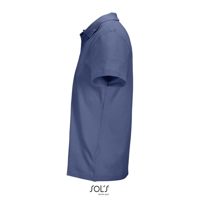 Polo unisex de 100% algodón peinado y cuello canalé con 2 botones color azul vaquero vista lateral Polo unisex de 100% algodón peinado y cuello canalé con 2 botones color azul vaquero vista lateral