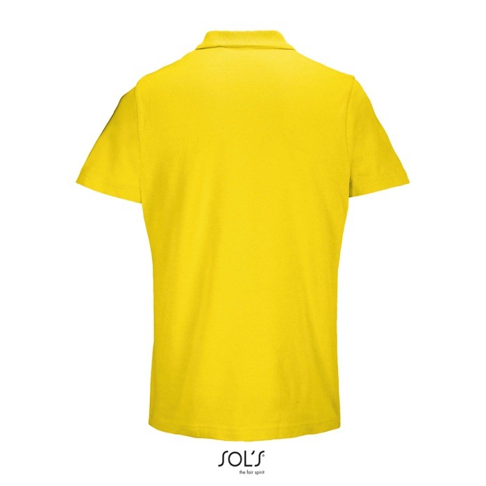 Polo unisex de 100% algodón peinado y cuello canalé con 2 botones color dorado vista trasera Polo unisex de 100% algodón peinado y cuello canalé con 2 botones color dorado vista trasera
