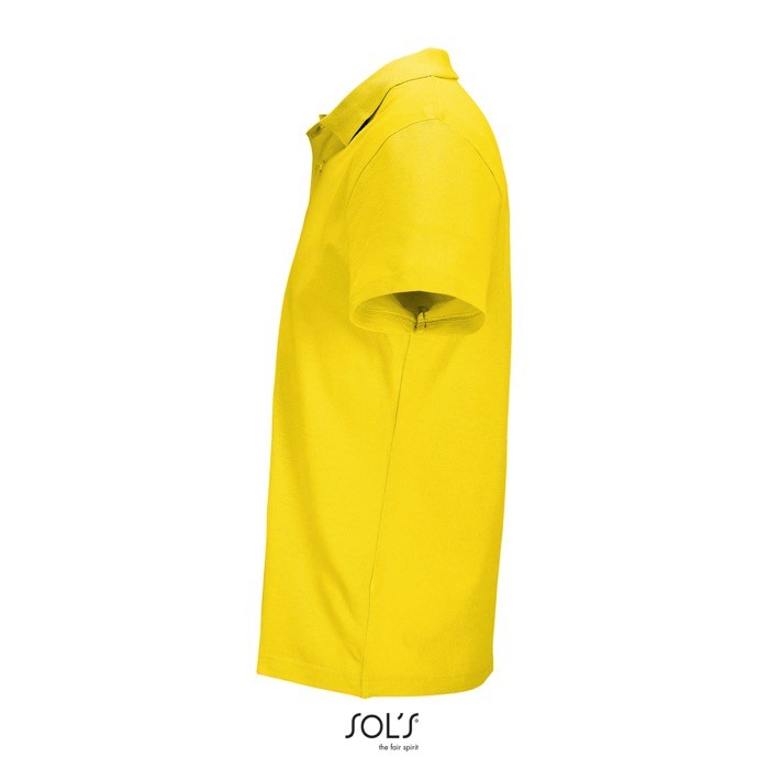 Polo unisex de 100% algodón peinado y cuello canalé con 2 botones color dorado vista lateral Polo unisex de 100% algodón peinado y cuello canalé con 2 botones color dorado vista lateral