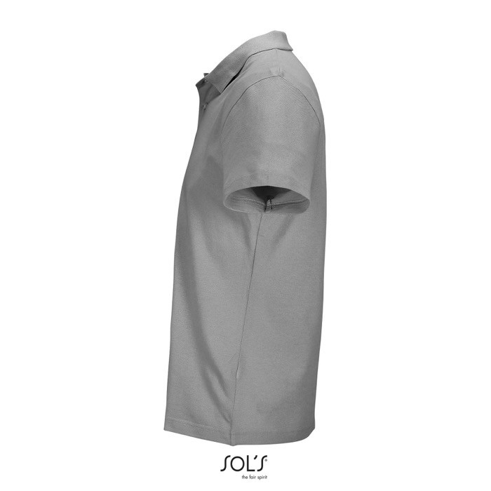 Polo unisex de 100% algodón peinado y cuello canalé con 2 botones color gris claro vista lateral Polo unisex de 100% algodón peinado y cuello canalé con 2 botones color gris claro vista lateral