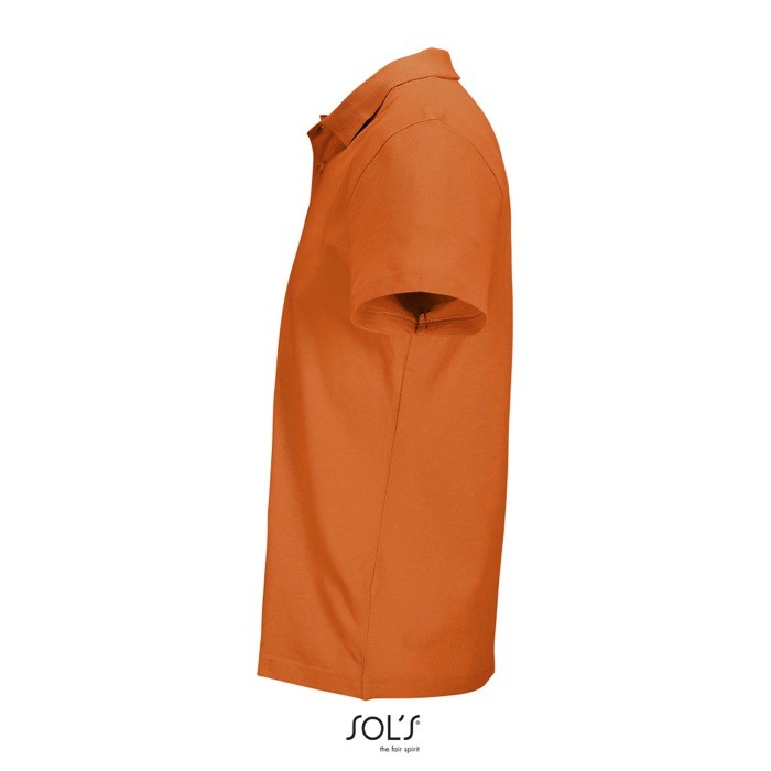 Polo unisex de 100% algodón peinado y cuello canalé con 2 botones color naranja vista lateral Polo unisex de 100% algodón peinado y cuello canalé con 2 botones color naranja vista lateral