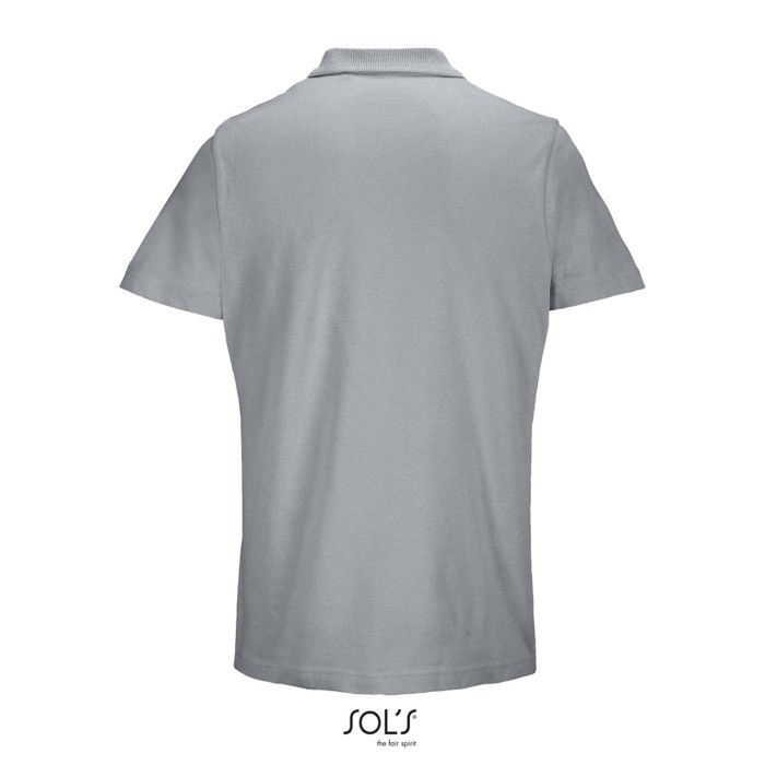 Polo unisex de 100% algodón peinado y cuello canalé con 2 botones color gris vista trasera Polo unisex de 100% algodón peinado y cuello canalé con 2 botones color gris vista trasera