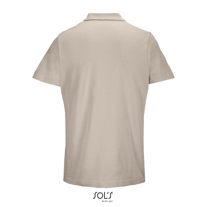 Polo unisex de 100% algodón peinado y cuello canalé con 2 botones color beige vista trasera Polo unisex de 100% algodón peinado y cuello canalé con 2 botones color beige vista trasera