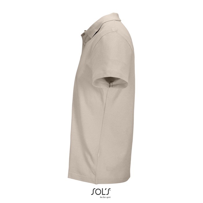 Polo unisex de 100% algodón peinado y cuello canalé con 2 botones color beige vista lateral Polo unisex de 100% algodón peinado y cuello canalé con 2 botones color beige vista lateral