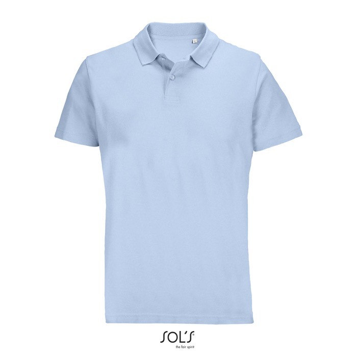 Polo unisex de 100% algodón peinado y cuello canalé con 2 botones color azul pastel Polo unisex de 100% algodón peinado y cuello canalé con 2 botones color azul pastel