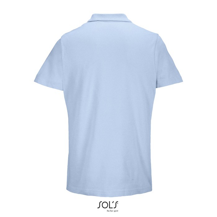 Polo unisex de 100% algodón peinado y cuello canalé con 2 botones color azul pastel vista trasera Polo unisex de 100% algodón peinado y cuello canalé con 2 botones color azul pastel vista trasera