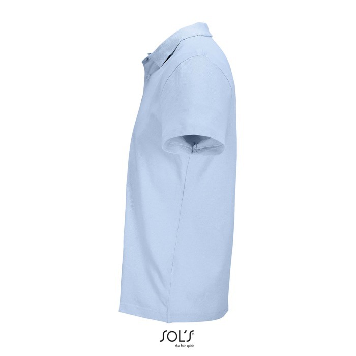 Polo unisex de 100% algodón peinado y cuello canalé con 2 botones color azul pastel vista lateral Polo unisex de 100% algodón peinado y cuello canalé con 2 botones color azul pastel vista lateral