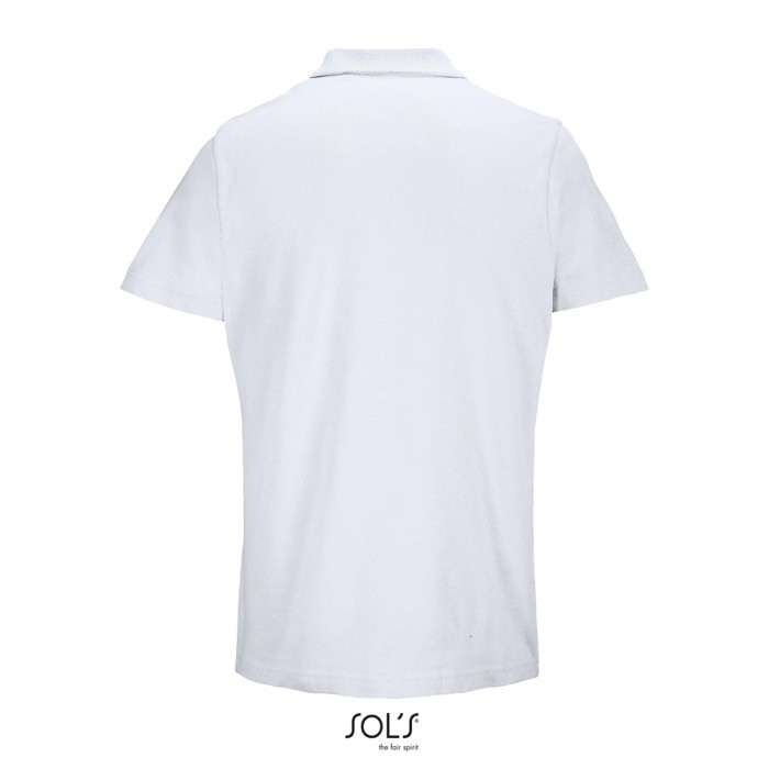 Polo unisex de 100% algodón peinado y cuello canalé con 2 botones color blanco vista trasera Polo unisex de 100% algodón peinado y cuello canalé con 2 botones color blanco vista trasera
