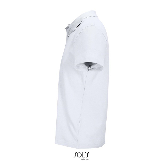 Polo unisex de 100% algodón peinado y cuello canalé con 2 botones color blanco vista lateral Polo unisex de 100% algodón peinado y cuello canalé con 2 botones color blanco vista lateral