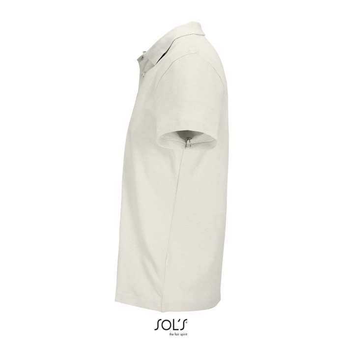 Polo unisex de 100% algodón peinado y cuello canalé con 2 botones color blanco roto vista lateral Polo unisex de 100% algodón peinado y cuello canalé con 2 botones color blanco roto vista lateral