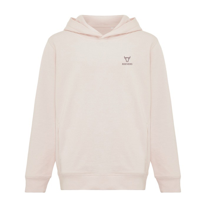 Sudadera infantil de algodón recicladocon capucha 280 g/m2 Iqoniq color rosa claro vista con logo Sudadera infantil de algodón recicladocon capucha 280 g/m2 Iqoniq color rosa claro vista con logo