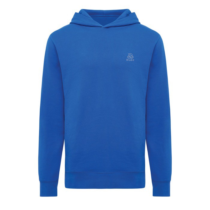 Sudadera unisex con capucha de algodón reciclado 280 g/m2 Iqoniq color azul real vista con logo Sudadera unisex con capucha de algodón reciclado 280 g/m2 Iqoniq color azul real vista con logo