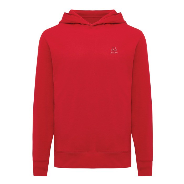 Sudadera unisex con capucha de algodón reciclado 280 g/m2 Iqoniq color rojo vista con logo Sudadera unisex con capucha de algodón reciclado 280 g/m2 Iqoniq color rojo vista con logo