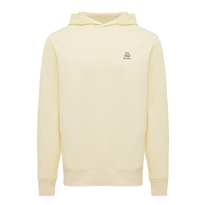 Sudadera unisex con capucha de algodón reciclado 280 g/m2 Iqoniq color amarillo claro vista con logo Sudadera unisex con capucha de algodón reciclado 280 g/m2 Iqoniq color amarillo claro vista con logo