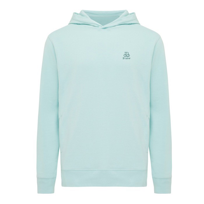 Sudadera unisex con capucha de algodón reciclado 280 g/m2 Iqoniq color verde menta vista con logo Sudadera unisex con capucha de algodón reciclado 280 g/m2 Iqoniq color verde menta vista con logo