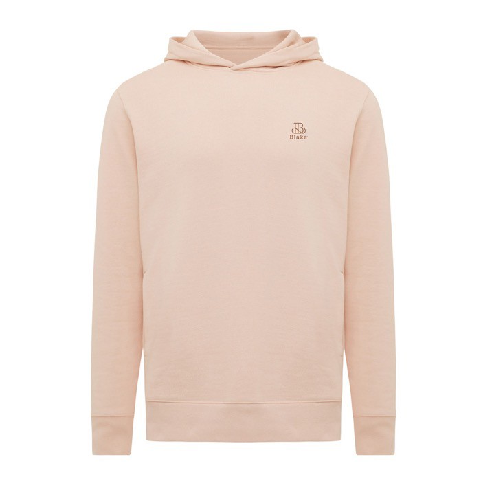 Sudadera unisex con capucha de algodón reciclado 280 g/m2 Iqoniq color rosa pastel vista con logo Sudadera unisex con capucha de algodón reciclado 280 g/m2 Iqoniq color rosa pastel vista con logo