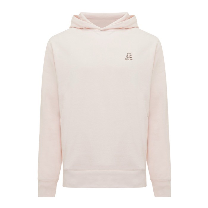 Sudadera unisex con capucha de algodón reciclado 280 g/m2 Iqoniq color rosa claro vista con logo Sudadera unisex con capucha de algodón reciclado 280 g/m2 Iqoniq color rosa claro vista con logo