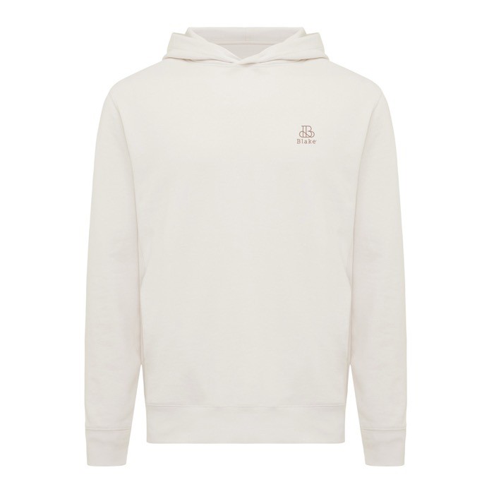 Sudadera unisex con capucha de algodón reciclado 280 g/m2 Iqoniq color blanco roto vista con logo Sudadera unisex con capucha de algodón reciclado 280 g/m2 Iqoniq color blanco roto vista con logo
