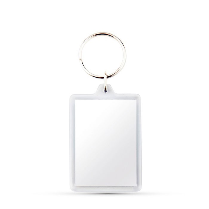 Llavero de plástico con forma rectangular y papel interior a 2 caras vista principal Llavero de plástico con forma rectangular y papel interior a 2 caras vista principal