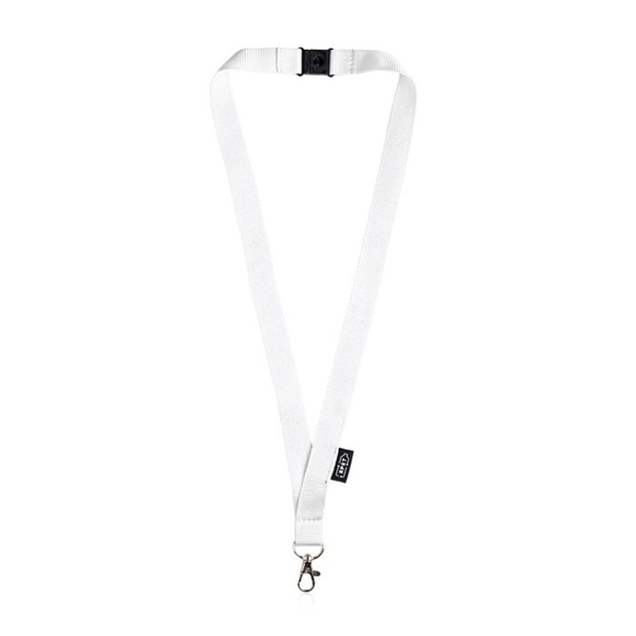 Lanyard de RPET con cierre de seguridad y mosquetón metálico 3cm vista principal Lanyard de RPET con cierre de seguridad y mosquetón metálico 3cm vista principal