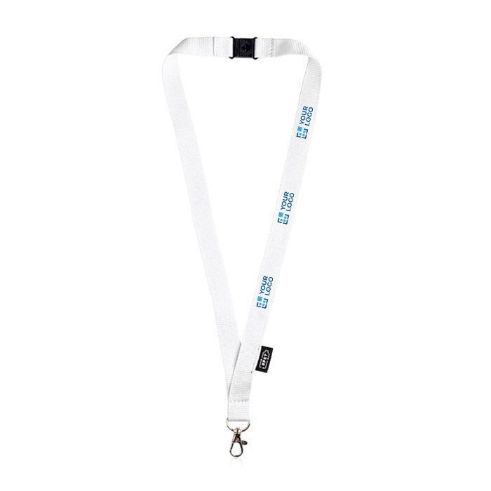 Lanyard de RPET con cierre de seguridad y mosquetón metálico 3cm vista principal Lanyard de RPET con cierre de seguridad y mosquetón metálico 3cm vista principal