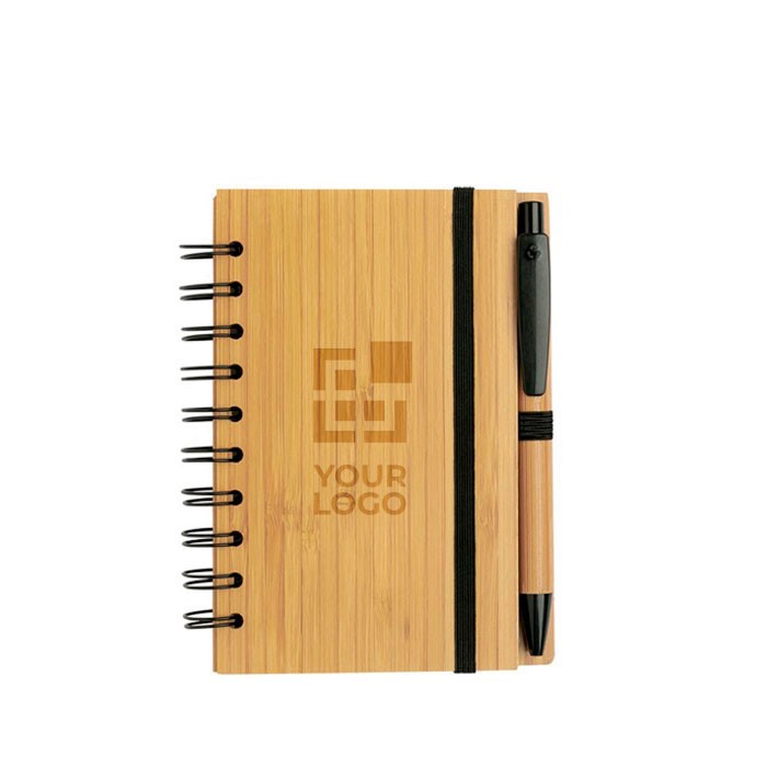 Bloc de notas de bambú con anillas y bolígrafo A6 hojas a rayas vista principal