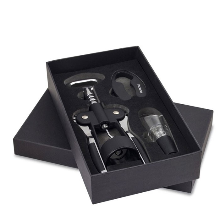 Set de vino de acero inoxidable con 3 partes y cuatro funciones vista principal Set de vino de acero inoxidable con 3 partes y cuatro funciones vista principal