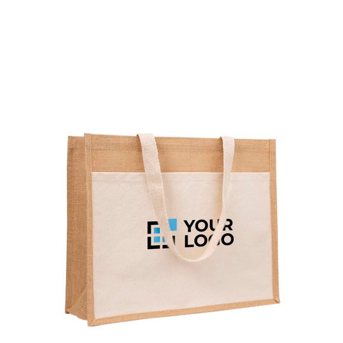 Bolsa de yute y algodón resistente hasta 11kg con bolsillo frontal vista principal Bolsa de yute y algodón resistente hasta 11kg con bolsillo frontal vista principal