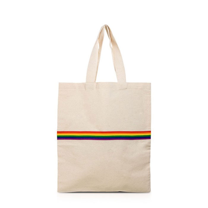 Bolsa de algodón en natural con banda multicolor y asas 180 g/m2 vista principal Bolsa de algodón en natural con banda multicolor y asas 180 g/m2 vista principal