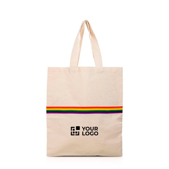 Bolsa de algodón en natural con banda multicolor y asas 180 g/m2 vista principal Bolsa de algodón en natural con banda multicolor y asas 180 g/m2 vista principal