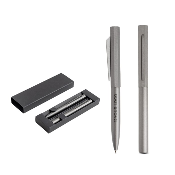 Set de bolígrafo y roller de aluminio con diseño hexagonal tinta negra vista de impresión Set de bolígrafo y roller de aluminio con diseño hexagonal tinta negra vista de impresión