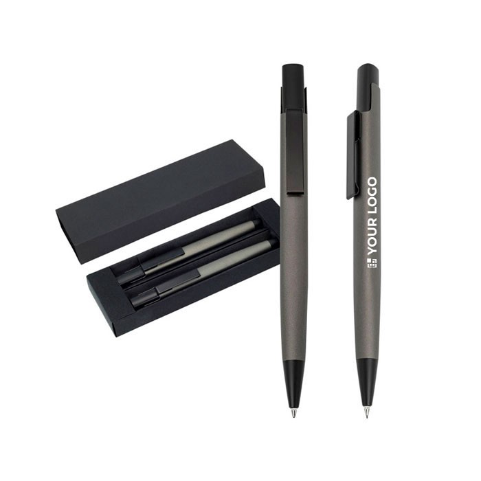 Set de bolígrafo y portaminas de aluminio con estuche tinta negra vista principal