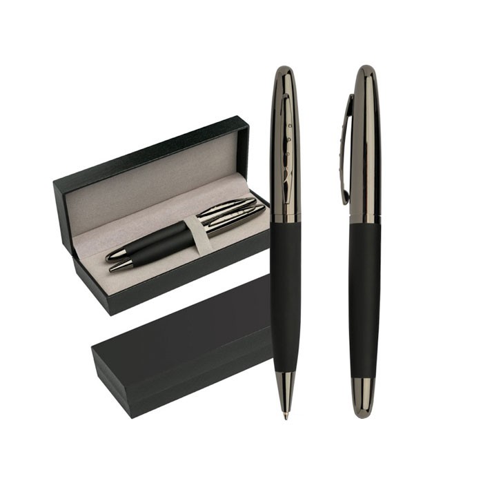 Set de bolígrafo y roller de metal con tacto de goma tinta azul vista principal