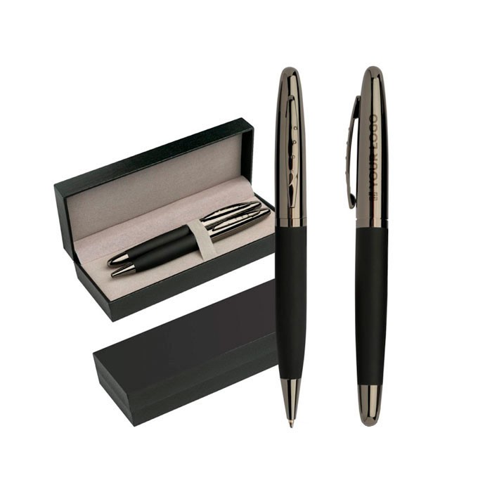 Set de bolígrafo y roller de metal con tacto de goma tinta azul vista principal