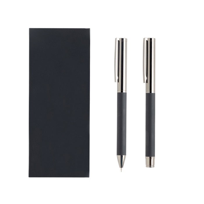 Roller y bolígrafo de metal y carbono estilo moderno tinta azul vista principal