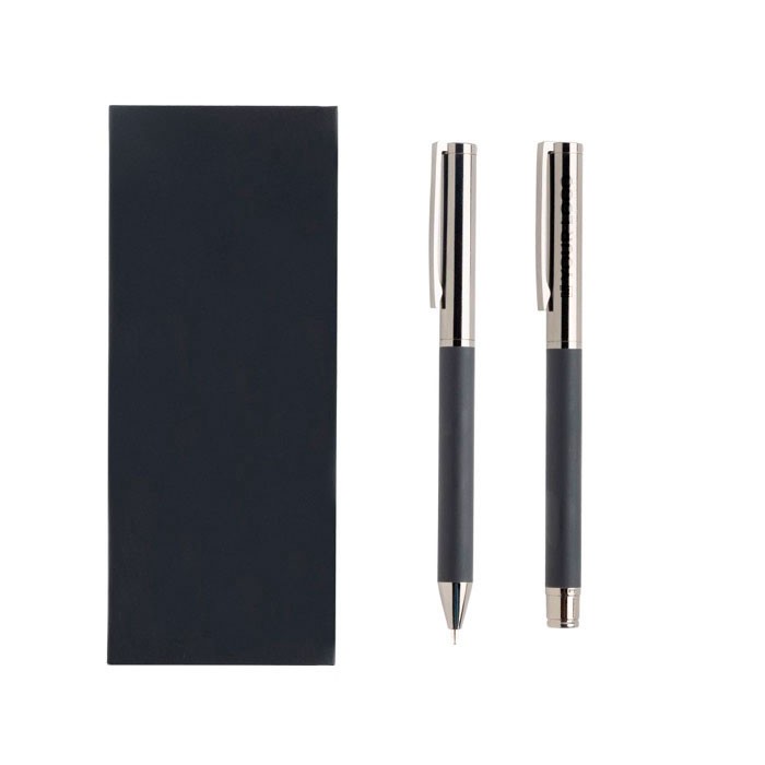 Roller y bolígrafo de metal y carbono estilo moderno tinta azul vista principal