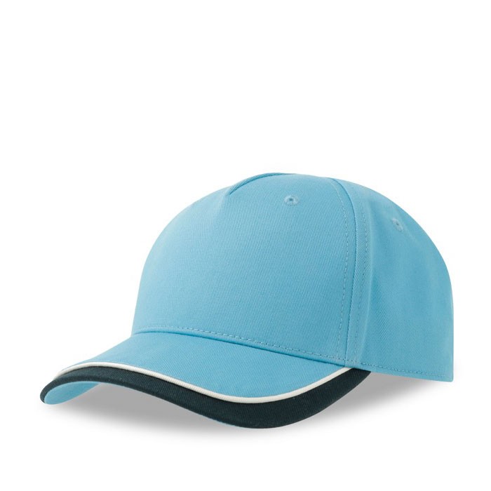 Gorra para niños de algodón orgánico de tipo béisbol de 260 g/m2 color azul claro vista de impresión