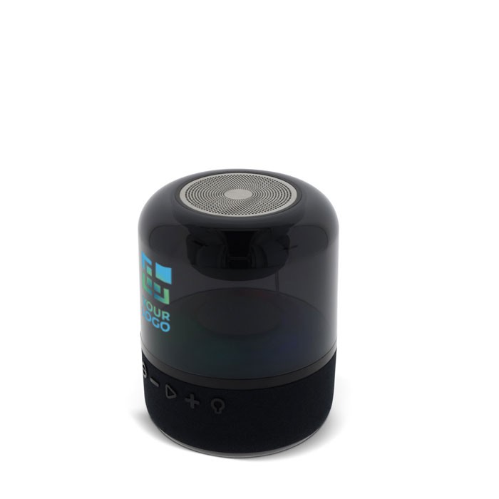 Altavoz bluetooth negro pequeño portátil en forma circular vista principal Altavoz bluetooth negro pequeño portátil en forma circular vista principal