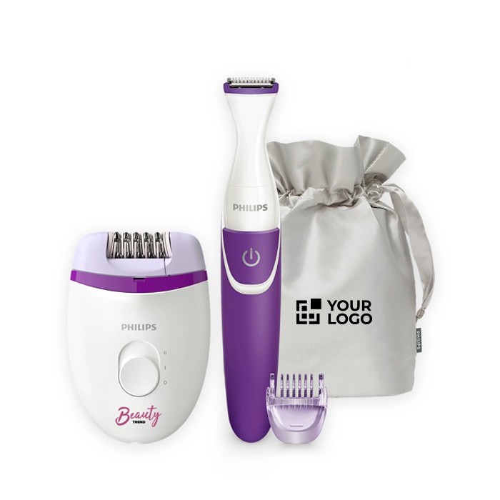 Depiladora y mini recortador en estuche de satín marca Phillips vista principal Depiladora y mini recortador en estuche de satín marca Phillips vista principal