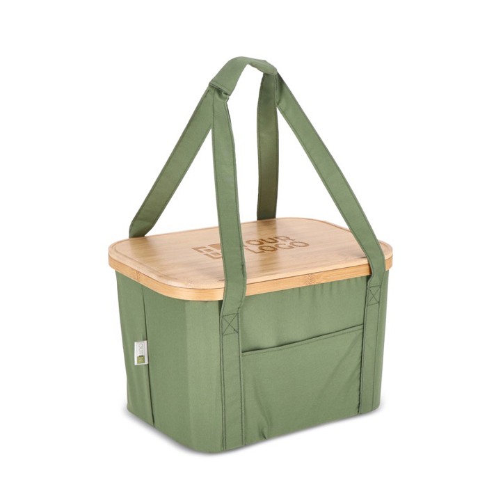 Cesta de picnic con tapa de madera y bolsa nevera en el interior vista principal